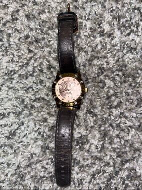 Relic Women's Black Leather Strap Watch with Gold Case and Pink Dial